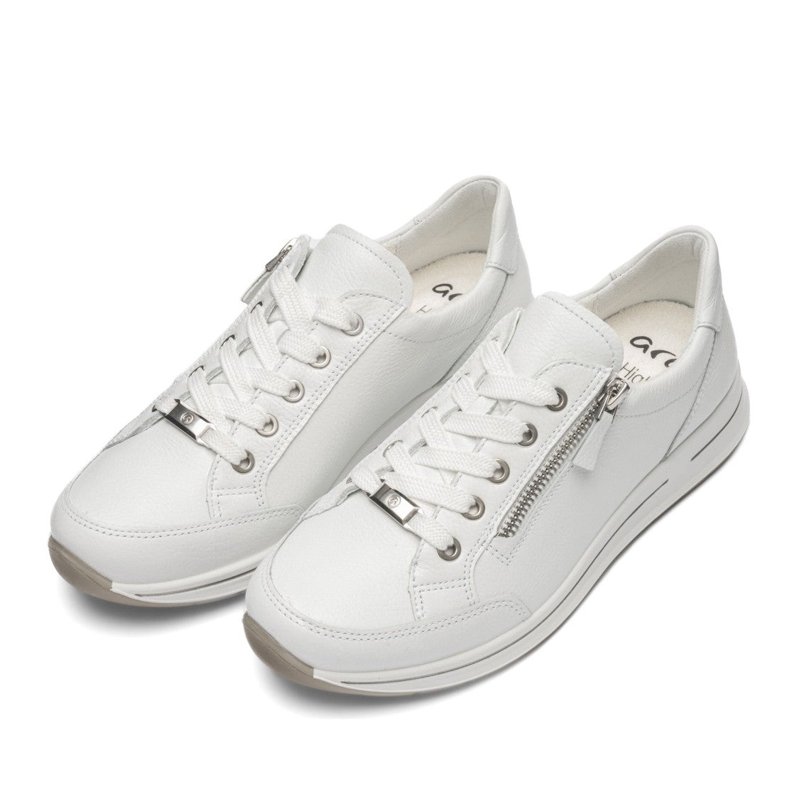Ara White Osaka Minimalist Zipper Leather Sneakers
