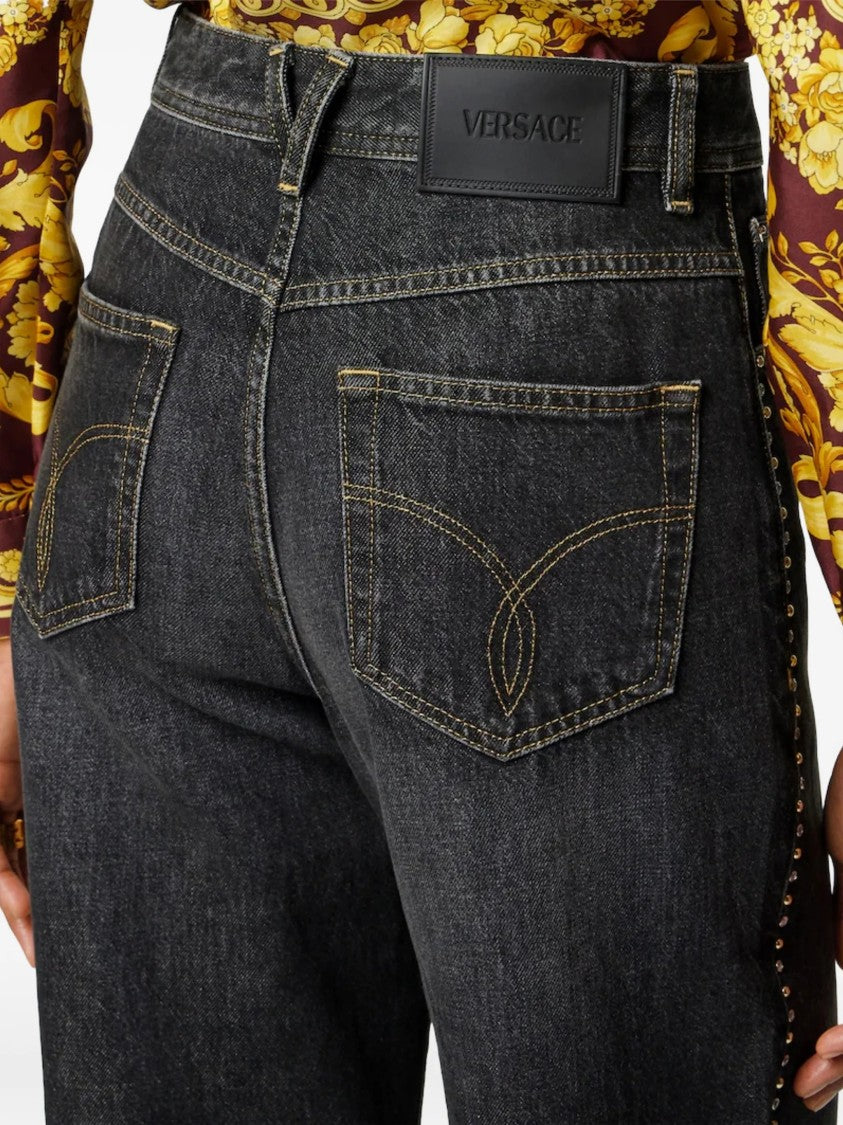 Versace Dark Washed Wide-Leg Studded Denim Jeans
