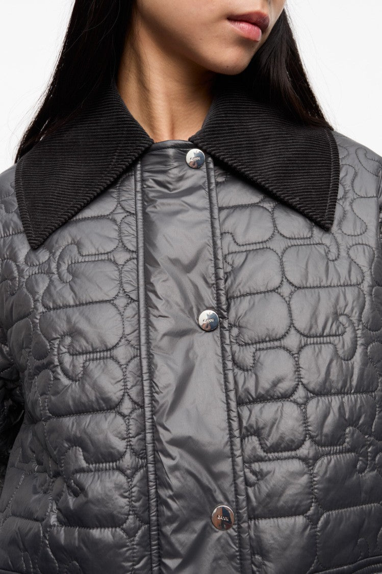 Ganni Shiny Black Quilted Midi Jacket With Pointed Collar