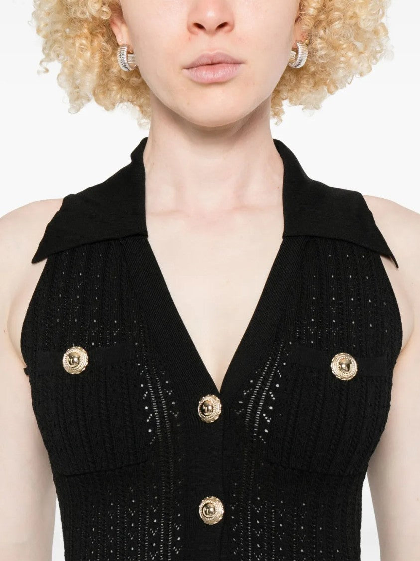 Self-Portrait Pointelle-Knit Mini Dress With Flap Pockets And Chain-Link Accents