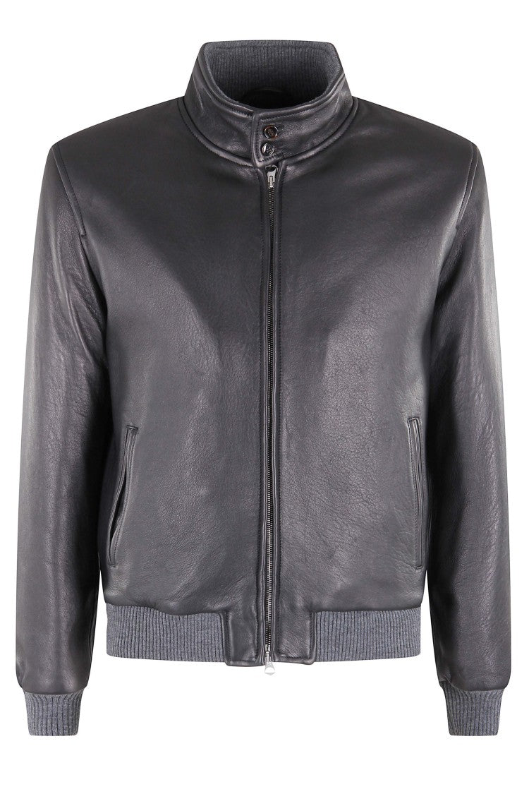 Hcr High Collar Black Leather Jacket With Ribbed Hem And Cuffs