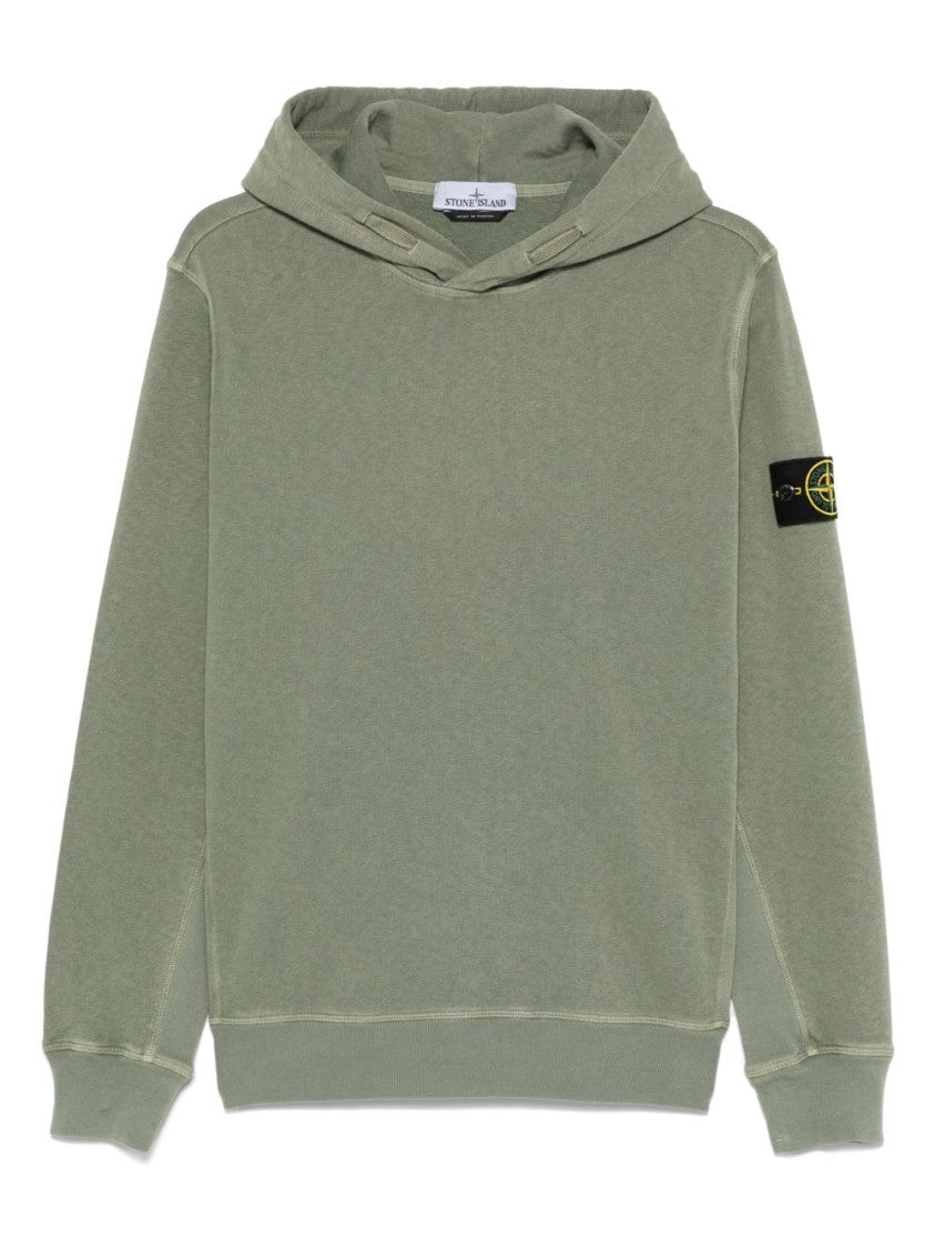 Stone Island Textured Cotton Green Hooded Sweater With Logo Patch