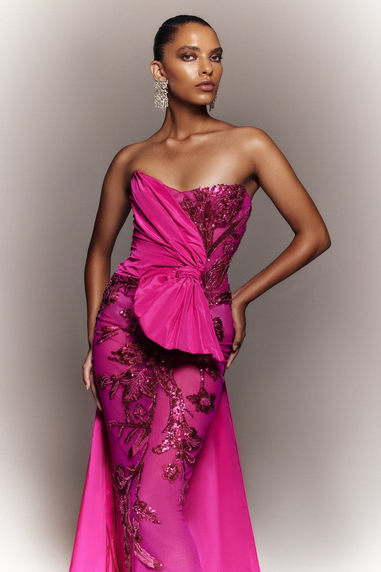 Saiid Kobeisy Tulle Strapless, Beaded Dress With A Taffeta Draping And Tail