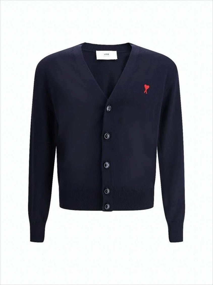 Ami V-Neck Wool Cardigan With Embroidered Heart Detail