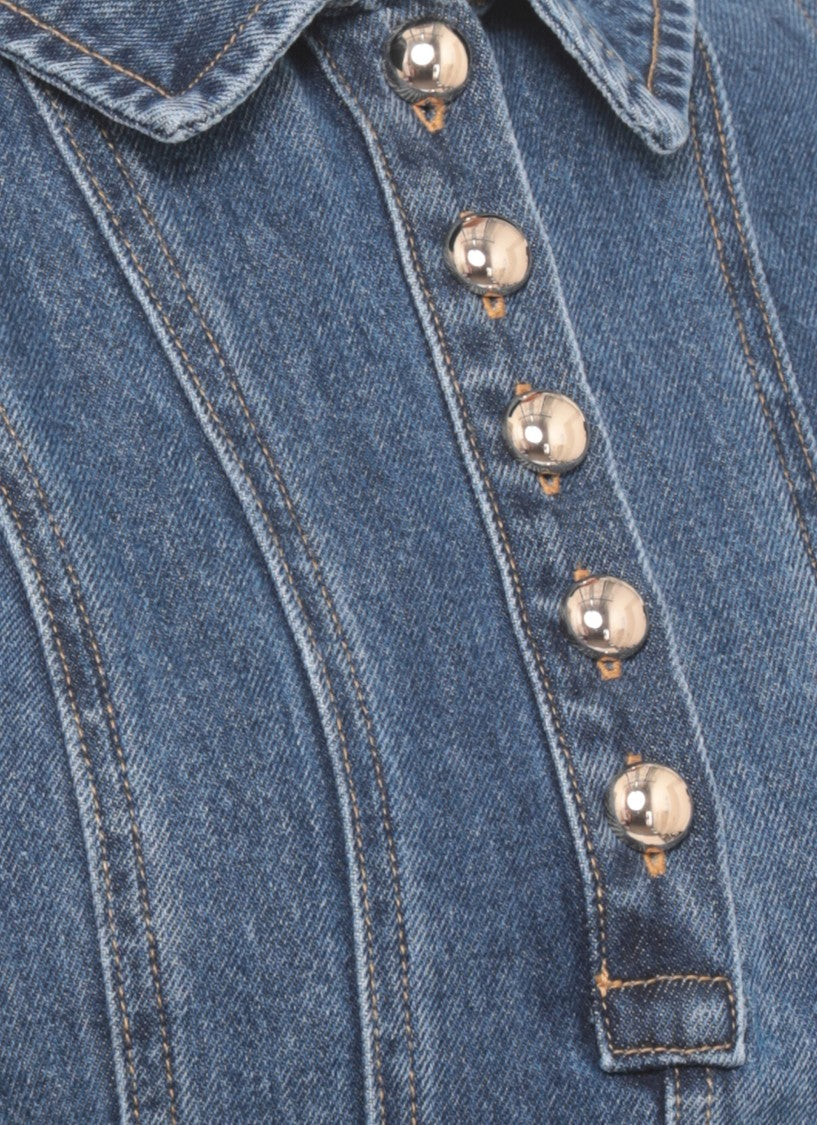 Self-Portrait Denim Mini Dress With Lace Embroidery And Classic Collar
