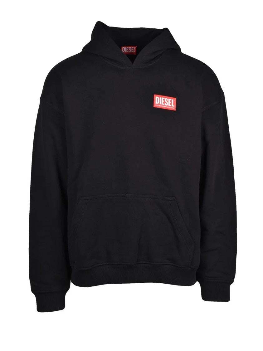 Diesel Classic Black Hoodie With Front Kangaroo Pocket And Logo Patch