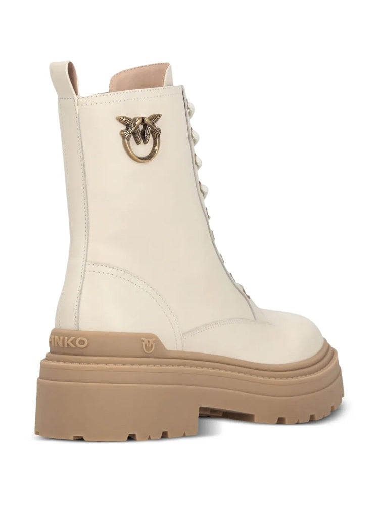 Pinko Beige Mia 11 Chunky Sole Emblem Leather Ankle Boots