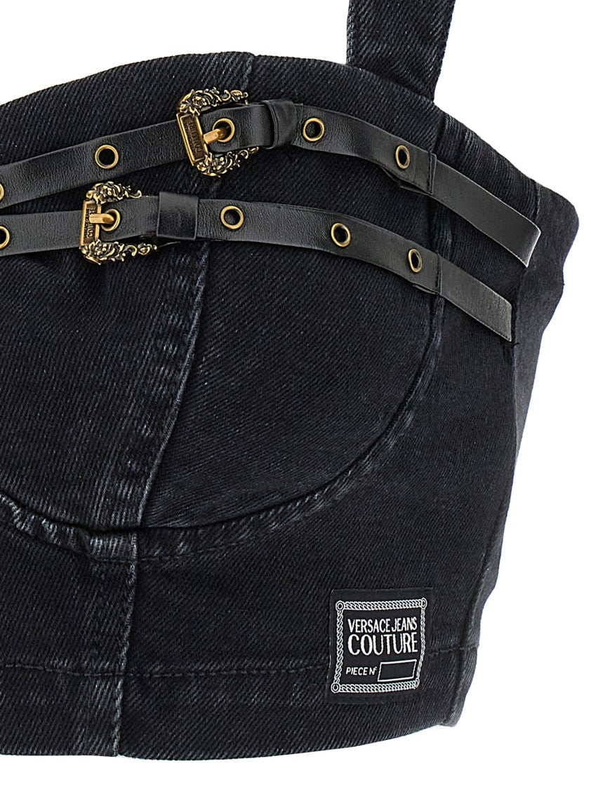 Versace Jeans Couture Cropped Denim Top With Leather Straps