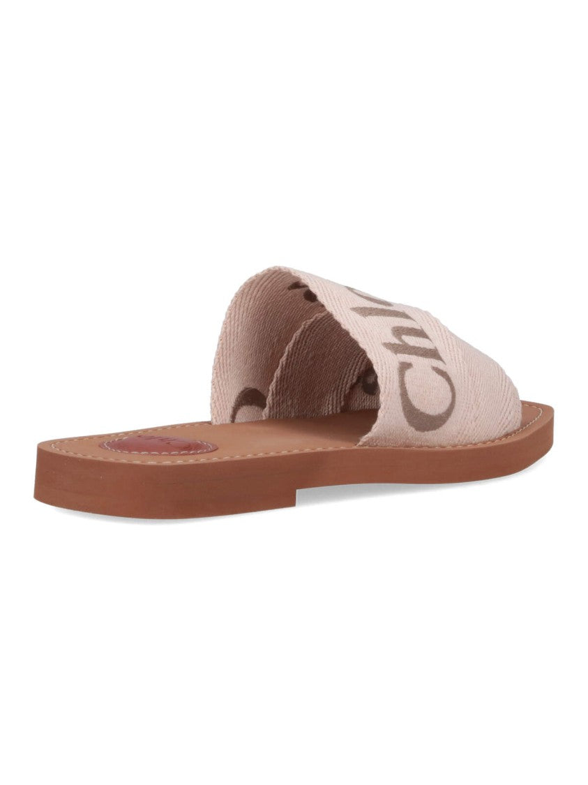 Chloé Beige Woody Printed Linen Sandals