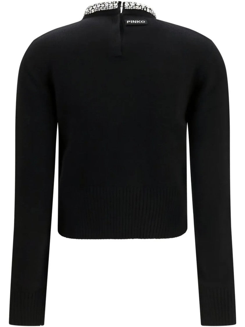 Pinko Black Cropped Wool Sweater With Embellished Neckline