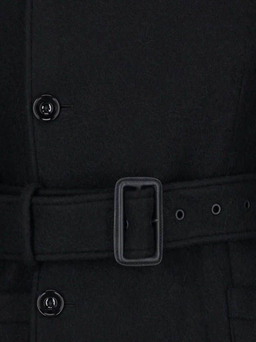 Lemaire Classic Collar Belted Black Wool Coat