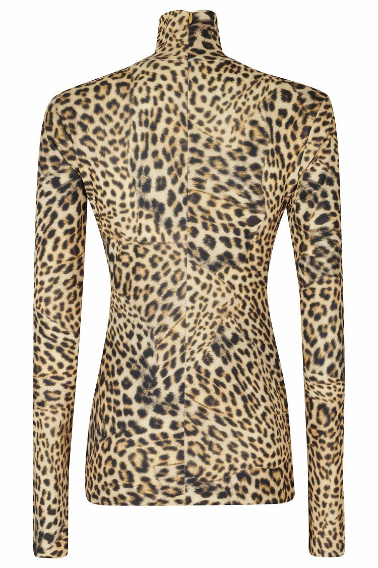 Norma Kamali Cheetah Print Polyester Turtleneck Long-Sleeve T-Shirt