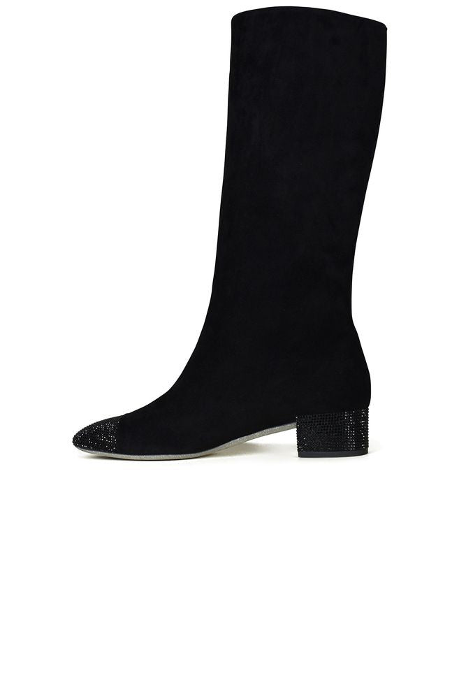 René Caovilla Mid-Calf Black Suede Boots With Glitter-Embellished Details
