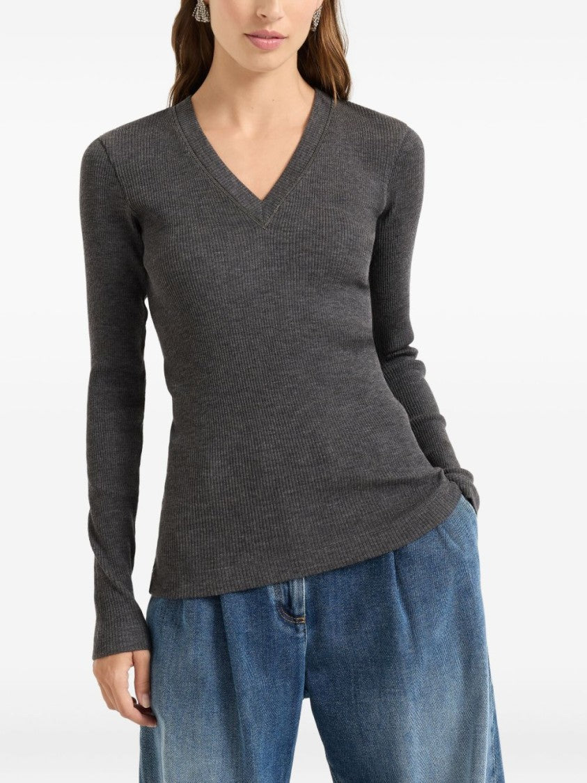 Brunello Cucinelli Fitted Long-Sleeve Sweater With Deep V-Neckline