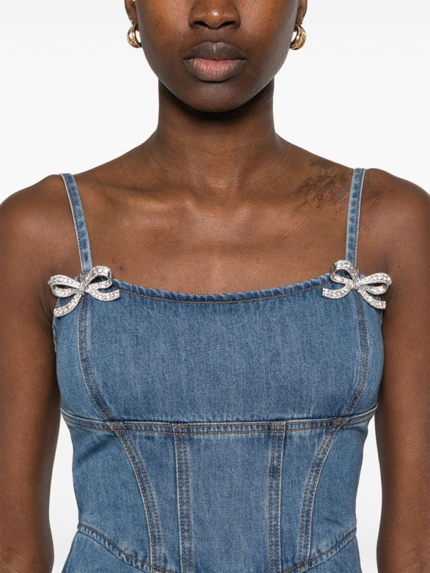 Self-Portrait Fitted Denim Dress With Flared Skirt And Bow Embellishments