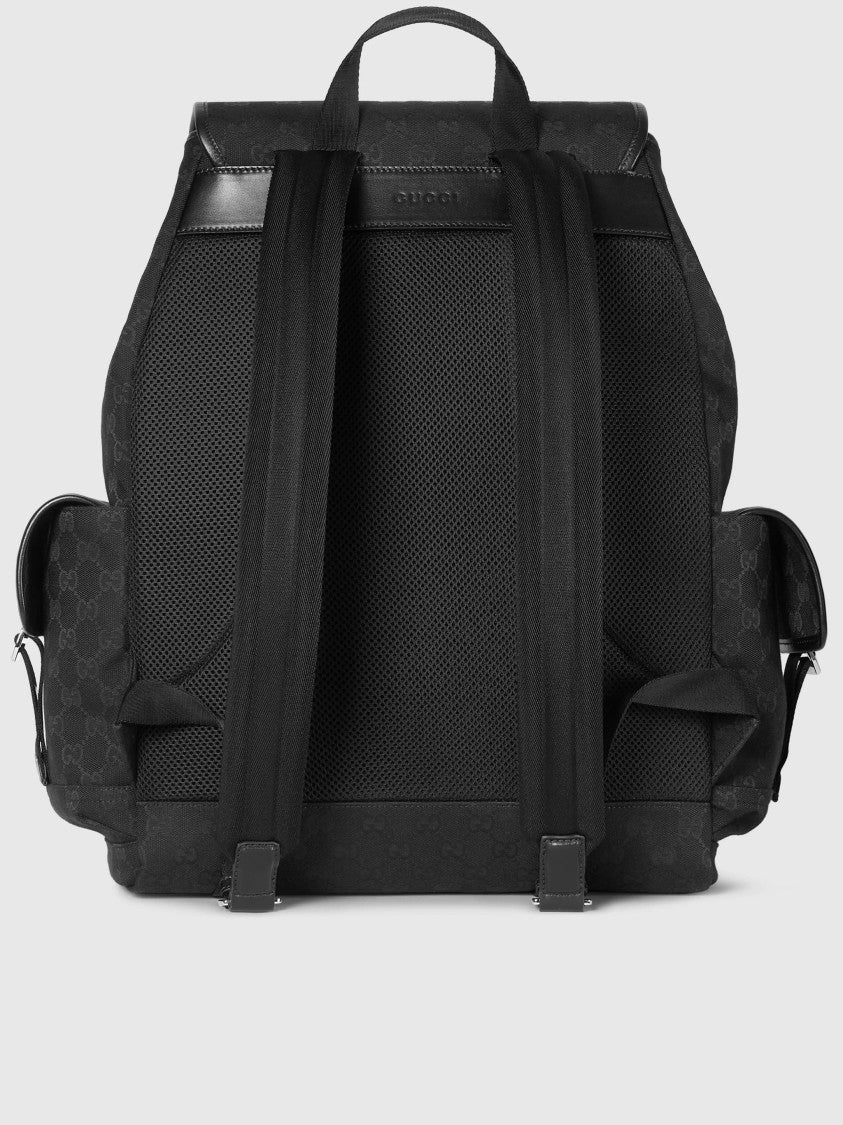 Gucci Black Monogram Flap Top Buckle Backpack