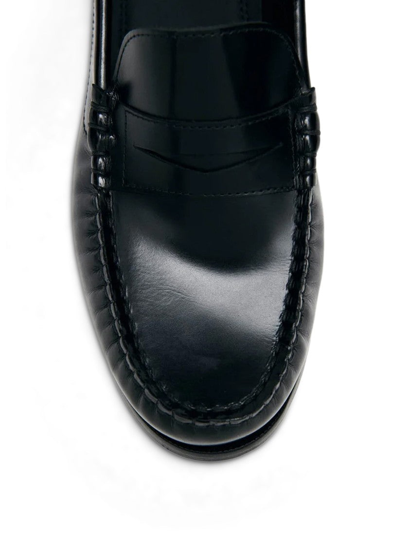 Alohas Penny Strap Black Leather Loafers With Moccasin Stitching