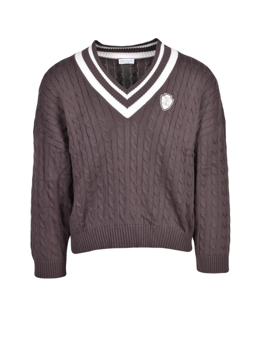 Brunello Cucinelli Short V-Neck Cotton Sweater With Textured Cable Knit