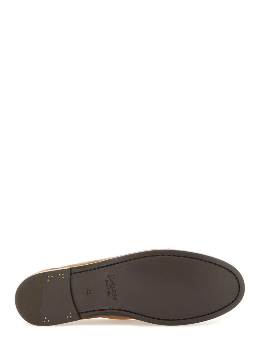Saint Laurent Penny Loafers In Soft Calf Suede With Metallic Logo