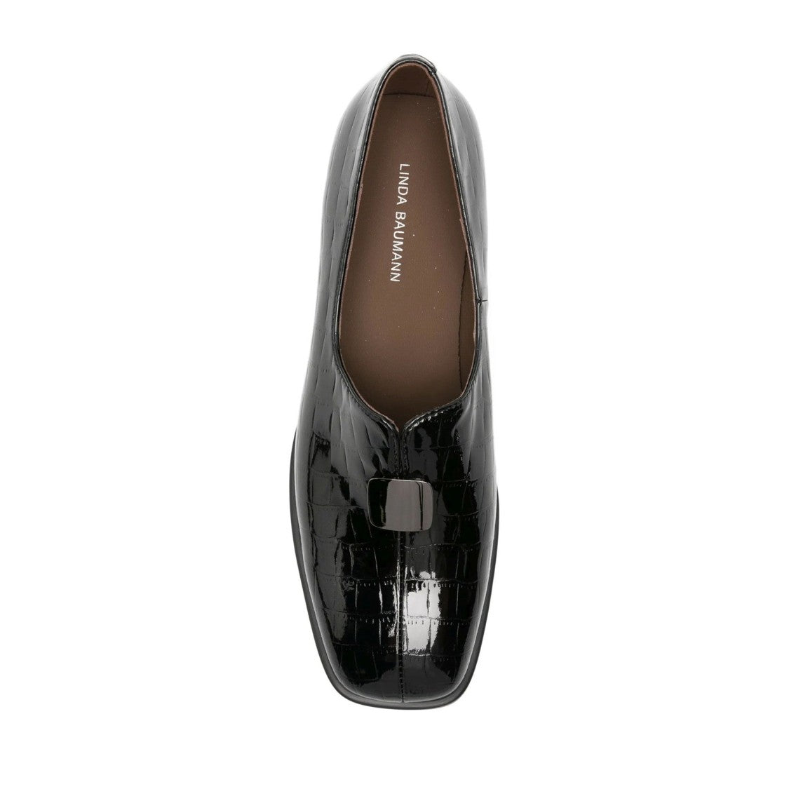 Linda Baumann Black Crocodile Pattern Glossy Patent Leather Low-Heeled Loafers