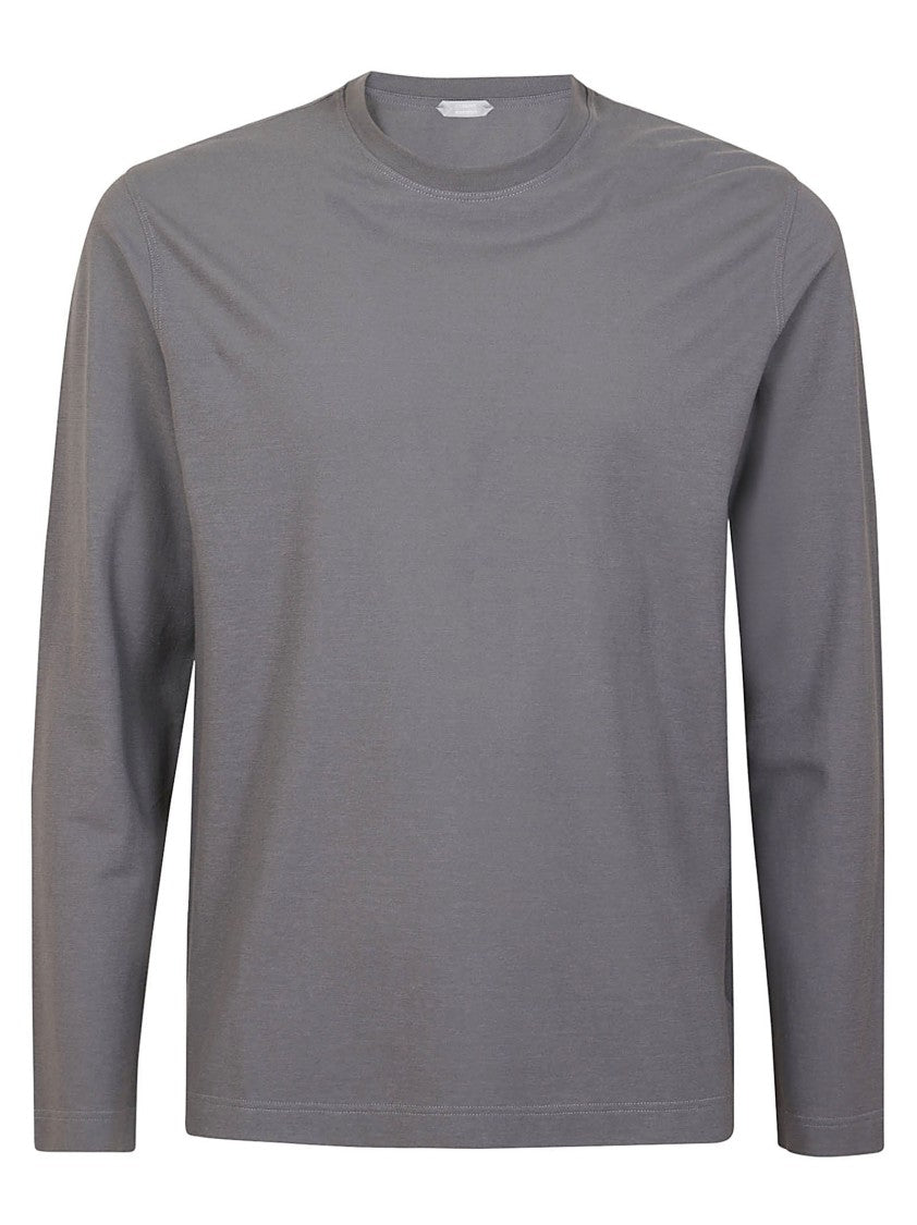 Zanone Long-Sleeved Grey Cotton T-Shirt With Classic Crew Neckline