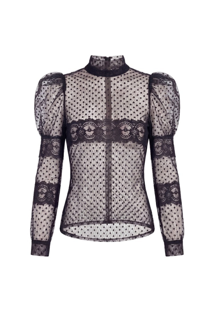 Saiid Kobeisy Polka Dot Tulle Blouse With Floral Lace Detailing