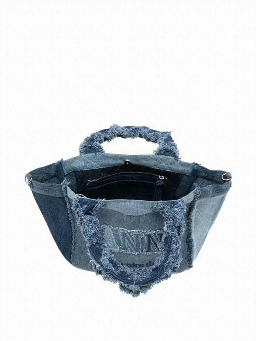 Ganni Patchwork Denim Tote Bag With Frayed Edges