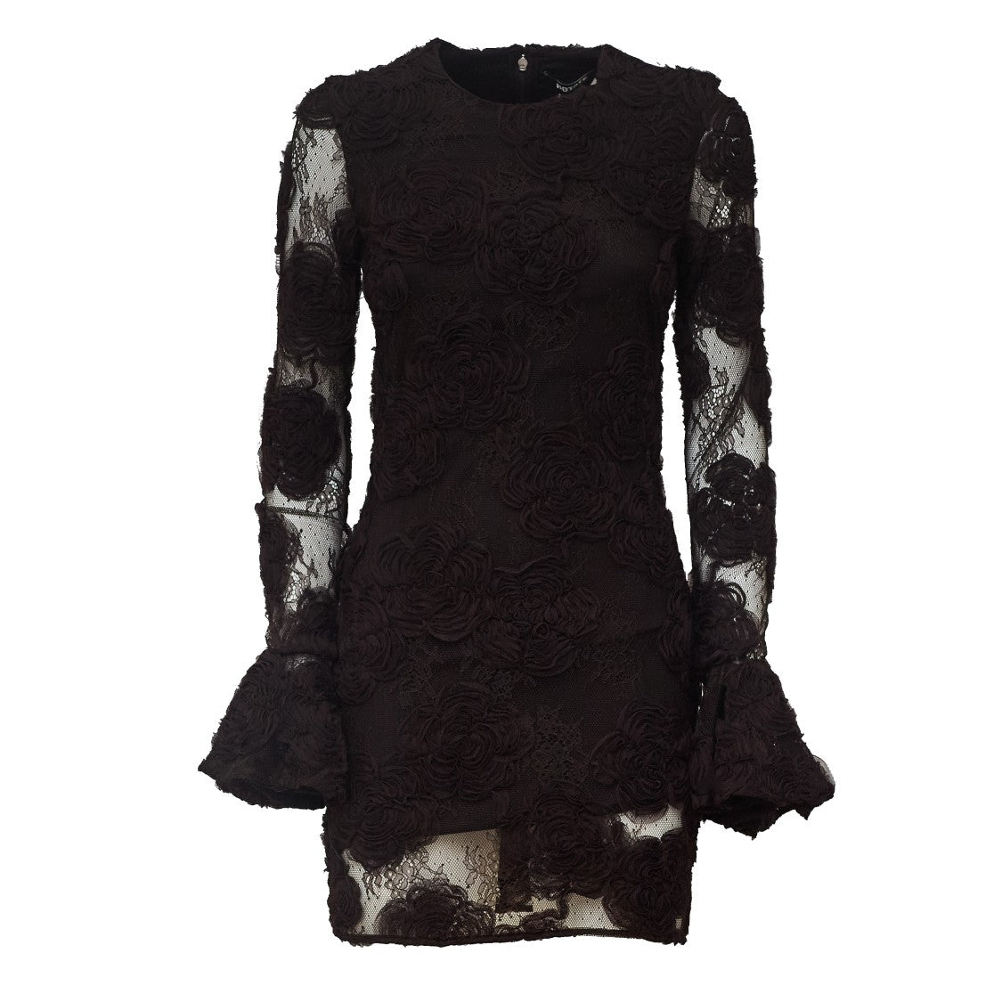 Rotate 3D Floral Lace Mini Dress With Sheer Sleeves And Flared Cuffs
