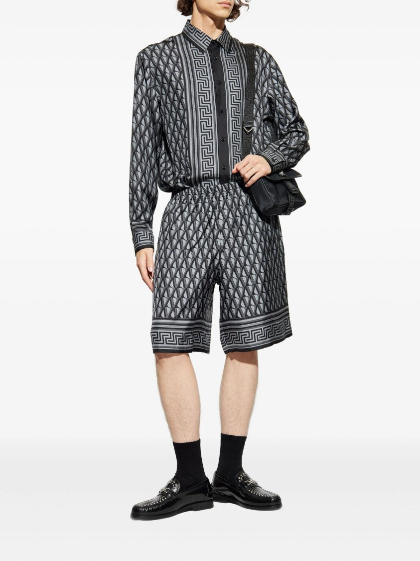 Versace Blue Geometric Greek Key Silk Shirt