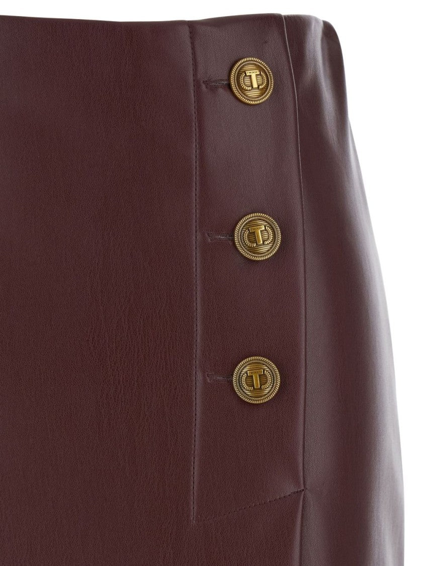 Twin-Set Knee-Length Bordeaux Skirt With Decorative Gold Buttons