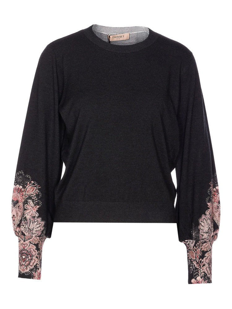 Twin-Set Embroidered Cropped Sweater With Round Neckline And Decorative Sleeves
