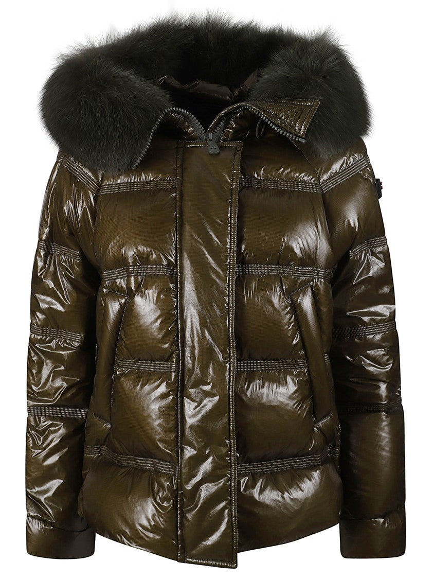 Peuterey Glossy Dark Green Padded Jacket With Fur-Trimmed Hood