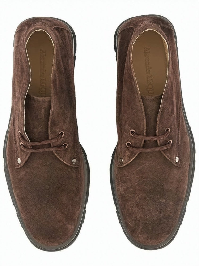 Alexander Mcqueen Ankle-High Suede Leather Boots With Textured Rubber Sole