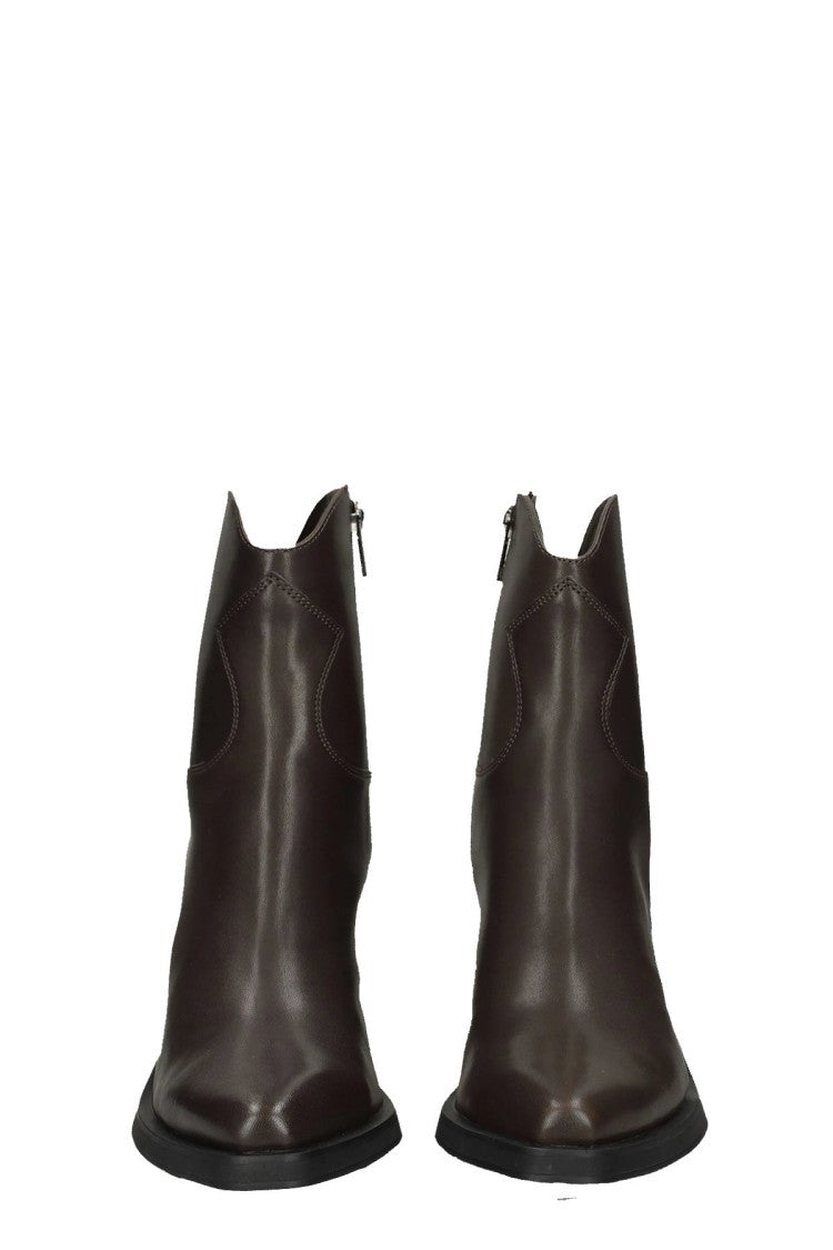 Ash Brown Western Stacked Block Heel Leather Ankle Boots
