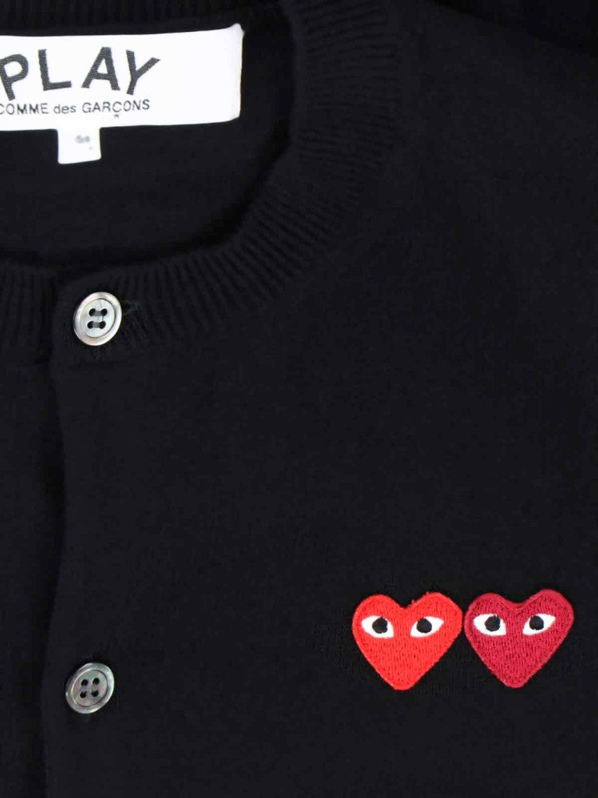 Comme Des Garçons Black Wool Cardigan With Embroidered Heart Logos