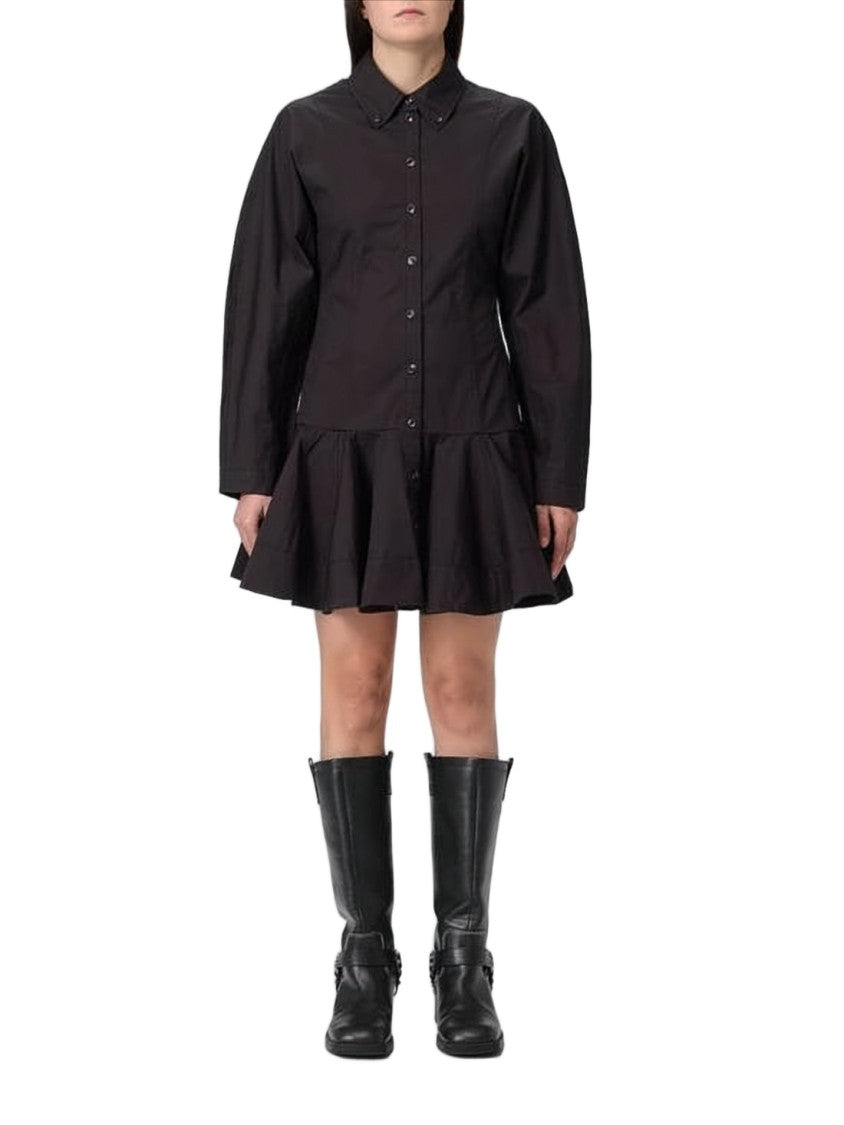 Ganni Structured Black Midi Dress With Ruffled Hem