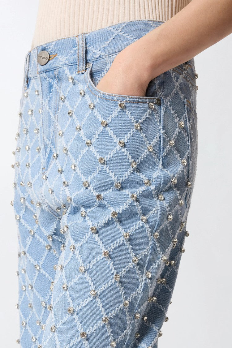 Pinko Blue Wanda Diamond-Lattice Crystal Cotton Wide-Leg Jeans
