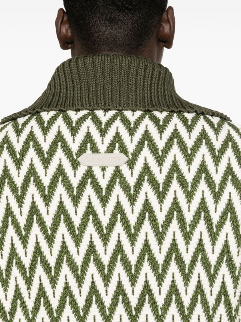 Lanvin Khaki And White Herringbone Pattern Cotton Sweater