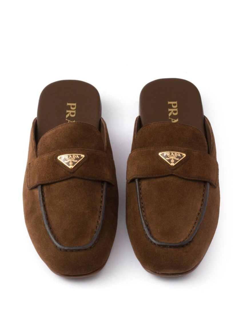 Prada Brown Triangle Logo Suede Band Slippers