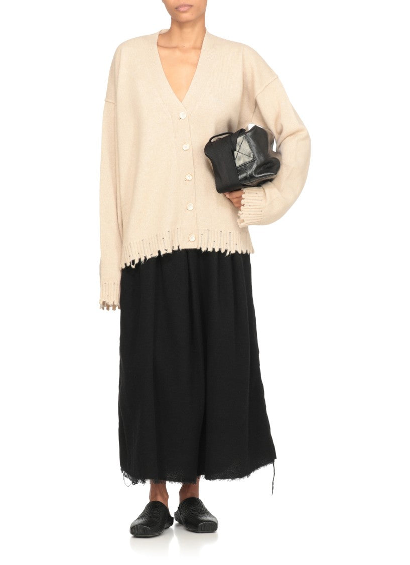 Uma Wang Beige Cashmere Cardigan With V-Neck And Ribbed Trims