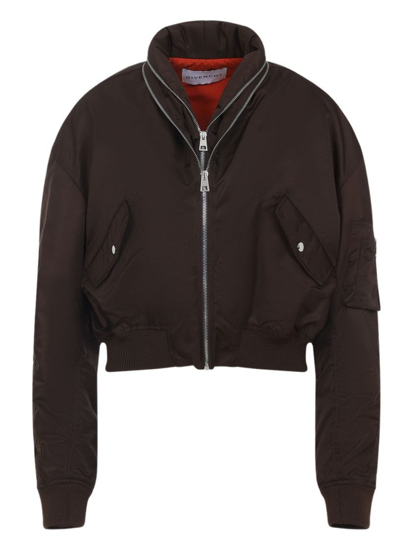 Givenchy Brown Stand Collar Ribbed Zip Jacket