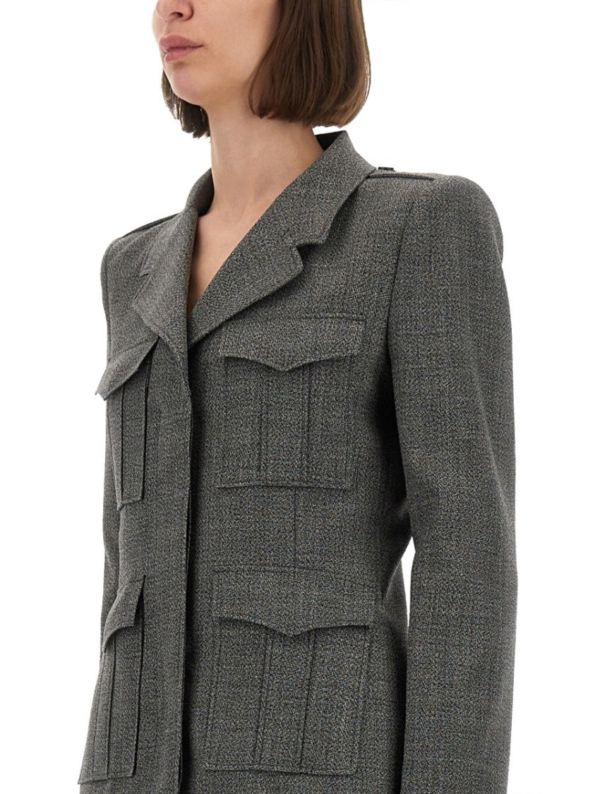 Alexander Mcqueen Fitted Grey Wool Jacket With Structured Silhouette