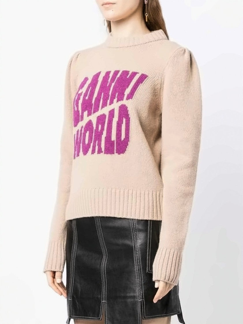 Ganni Knitted Sweater With Ribbed Details And Bold Graphic