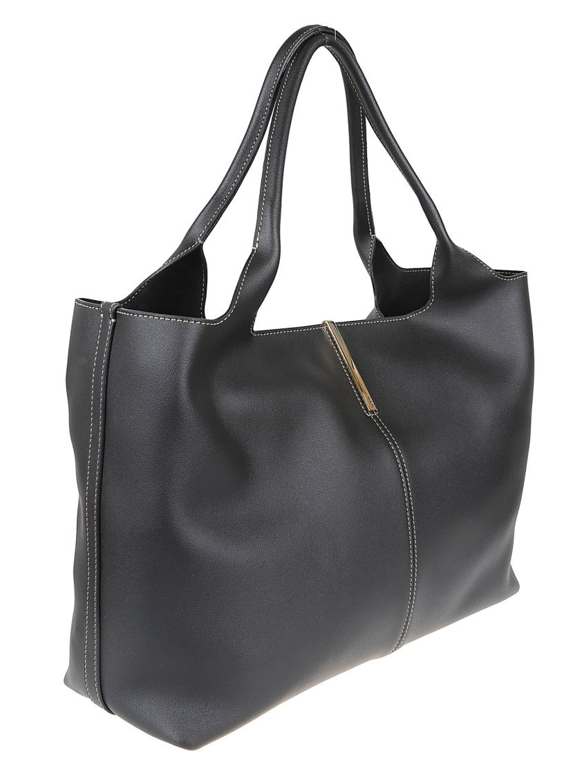 Tod's Rectangular Black Calfskin Tote Bag With Gold Accent