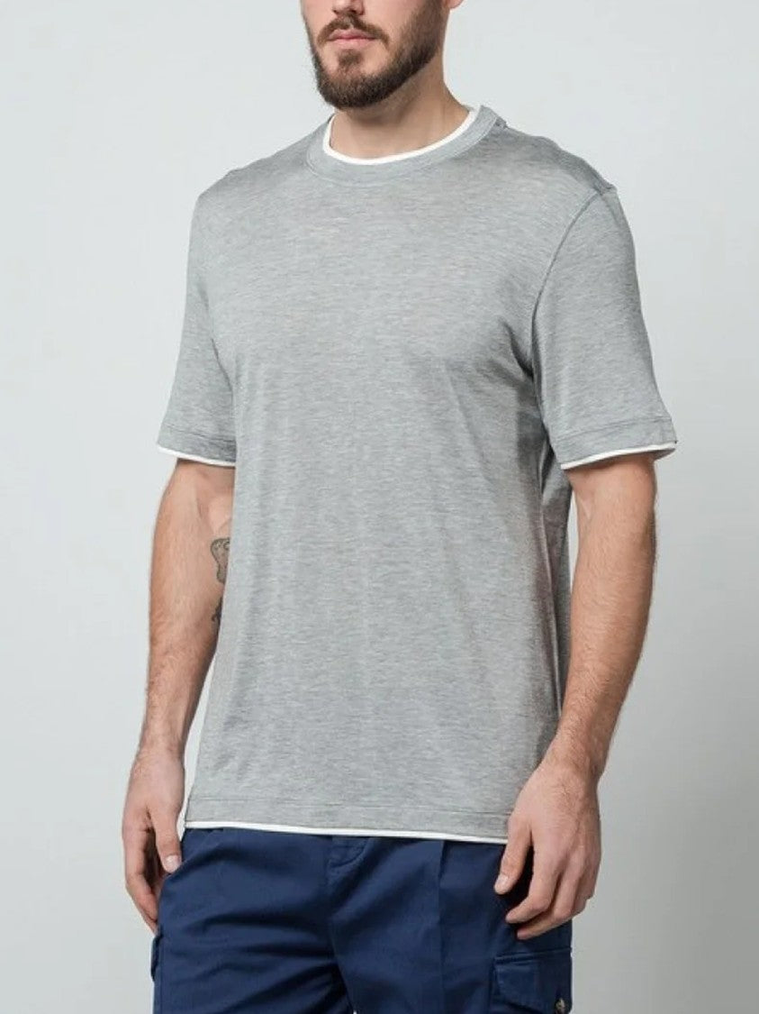 Brunello Cucinelli Grey Contrasting Crew Neck Cotton T-Shirt
