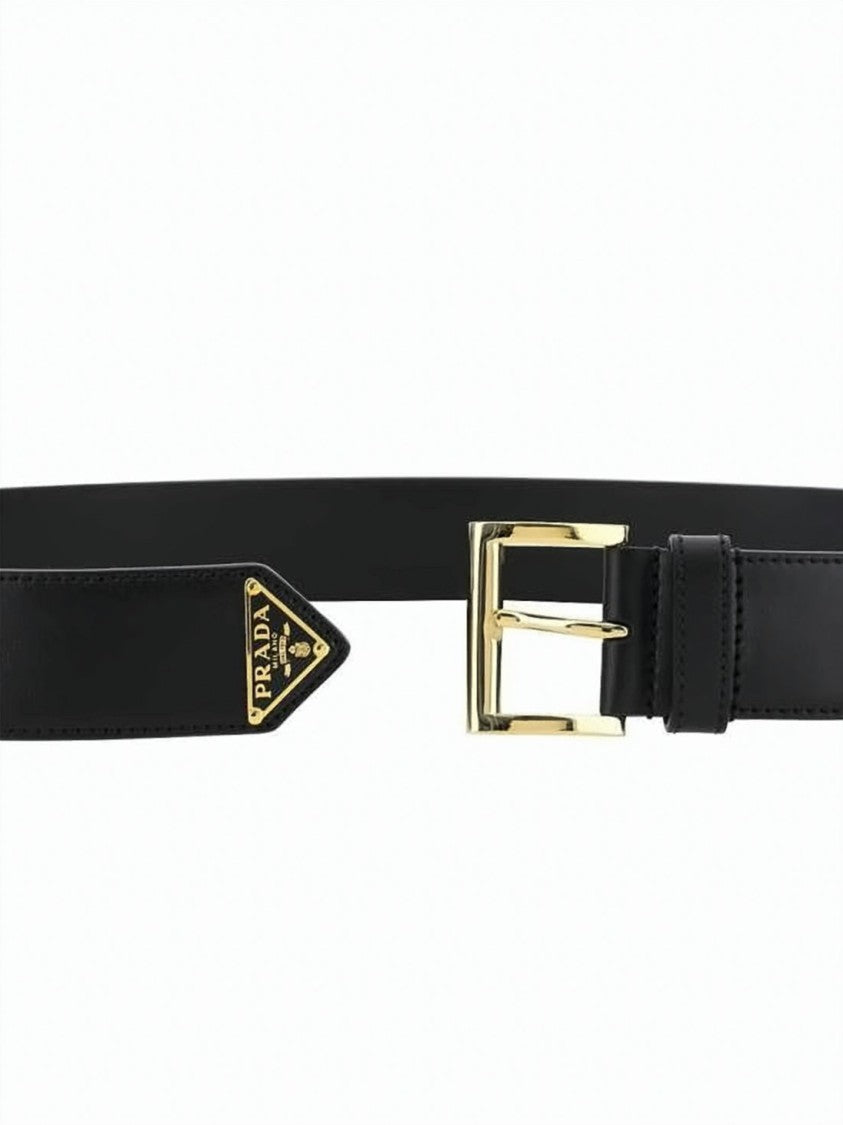 Prada Leather Belt With Polished Gold-Tone Buckle And Triangular Logo