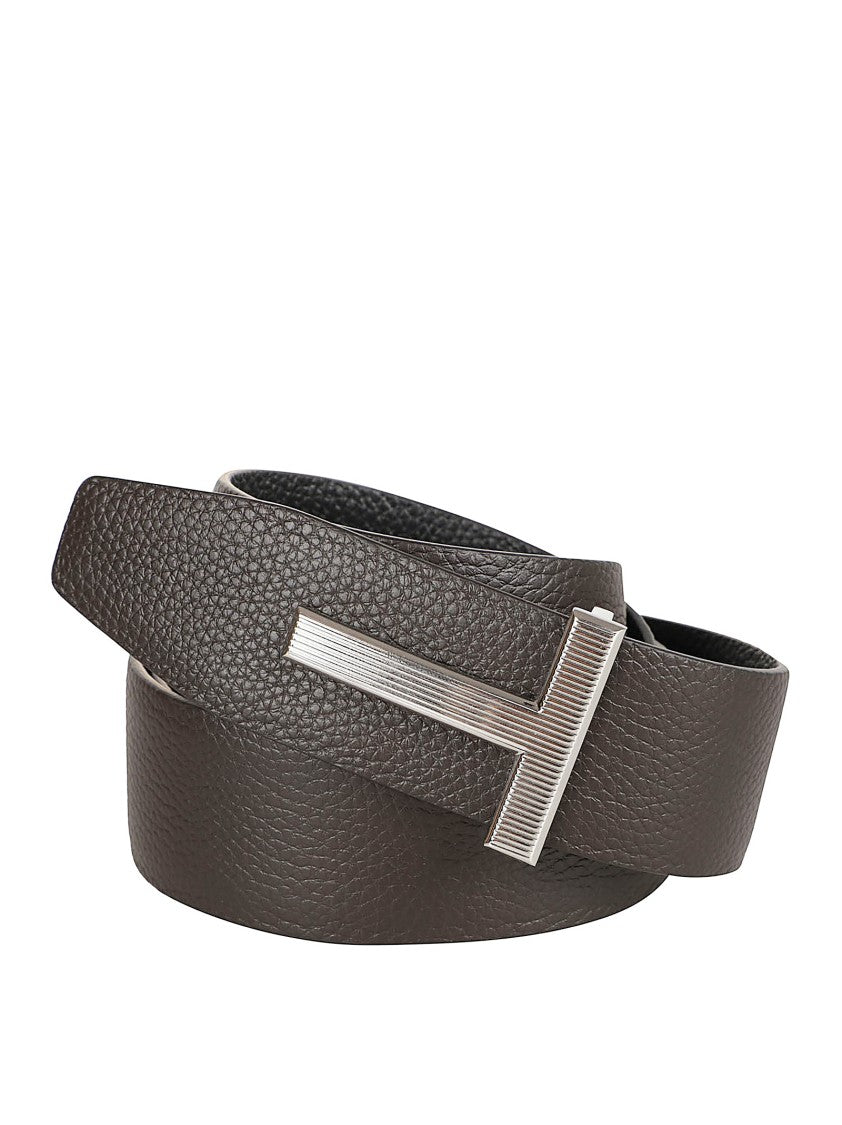 Tom Ford Textured Calf Leather Belt With Silver-Toned T-Buckle