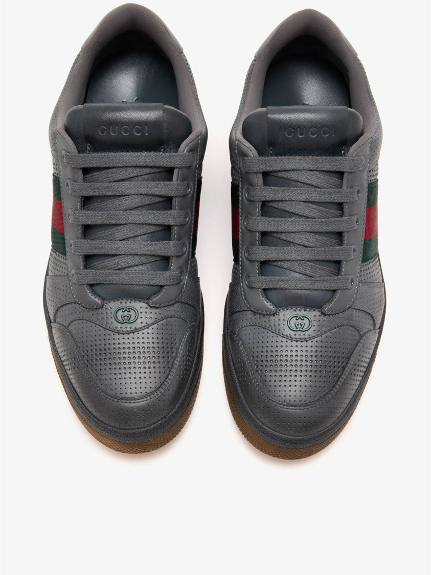 Gucci Dark Grey Perforated Leather Sneaker With Green And Red Striped Detail