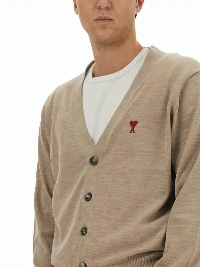 Ami Paris Merino Wool Cardigan With V-Neck And Emblem