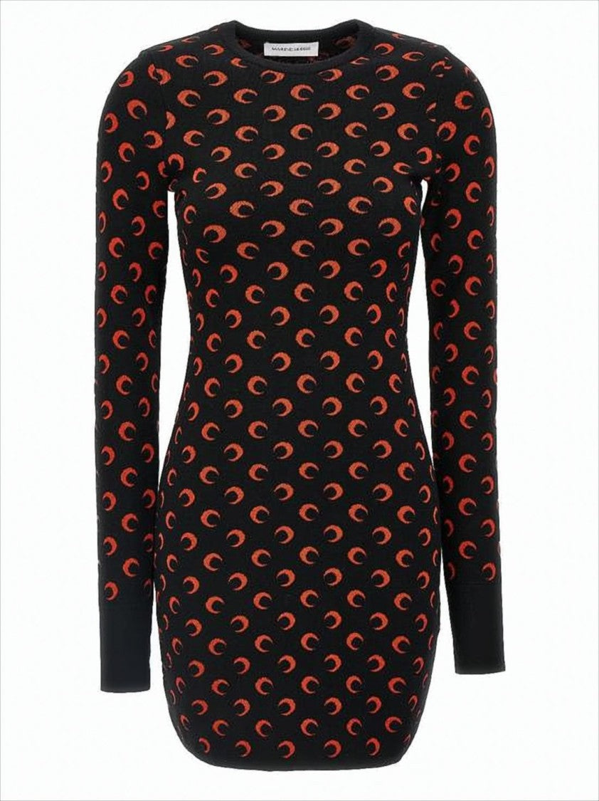 Marine Serre Fitted Black Mini Dress With Long Sleeves And Crescent Pattern